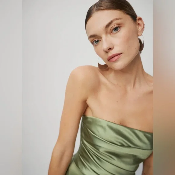 Reformation Barrow Artichoke Green Silk Strapless Cocktail Gown Size 2 NWT